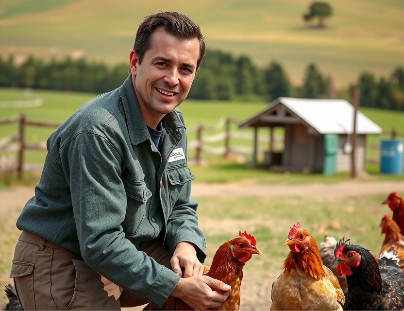 Founders caring for chickens on the organic chicken farm